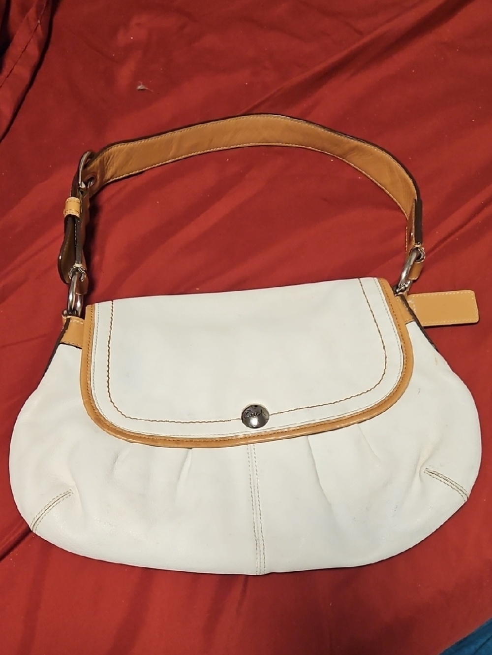 Coach Brand Classic Leather Shoulder Bag - White with Tan Trim